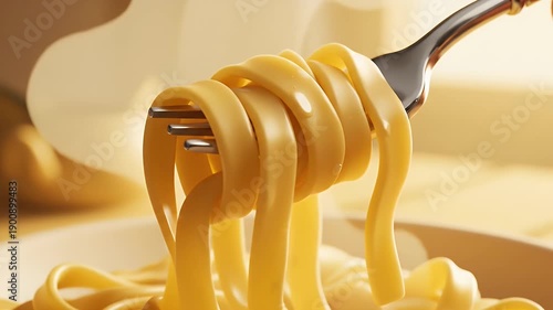 Fork twirling steaming pasta in a white bowl