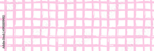 Pink girly plaid pattern line seamless pattern. Repeated white baby background with pastel pink gingham brush stroke for picnic. Wave checker doodle print seamless pattern. Spring surface design.