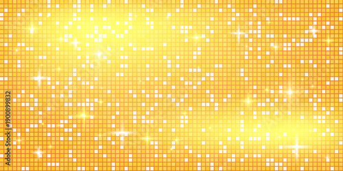Yellow disco ball mosaic background with mirror glitter texture. Shiny warm golden metallic tones pattern. Festive orange gradation dance floor. Glam gold Christmas sparkle. Vector illustration.