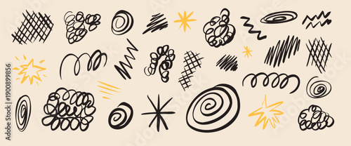 Naive abstract pen doodles. Irregular forms scribble set with messy pencil strokes, doodle textures, brushstrokes. Vector and-drawn chaotic lines, grids, spontaneous expressive graphic element.