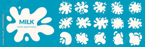 Flat simple splash set. White blobs in amoeba shapes with drops. Milk puddle and paint stain blot design for text or decor. Abstract fluid organic forms. Simple milk splash vector illustration.
