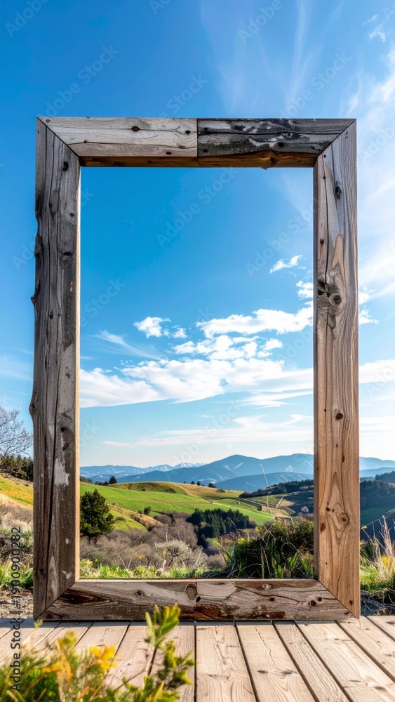Fototapeta premium Weathered Wooden Frame Overlooking Rolling Hills Under Blue Sky and Clouds