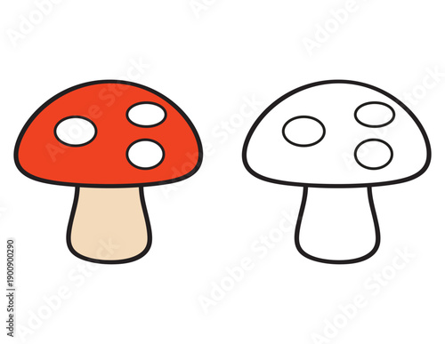 Cute Red  Mushroom Coloring Page for Kids.  Simple cartoon vegetable with Colored Example and Outline for toddlers and preschoolers