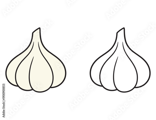 Garlic Bulb Coloring Page for Kids. Bold and Easy cartoon Vegetable with Colored Example and Outline for toddlers and preschoolers 