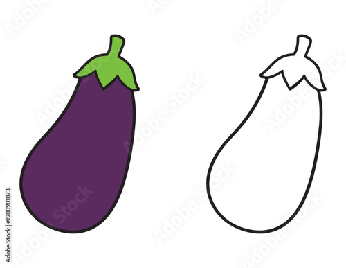 Purple Eggplant Coloring Page for Kids. Bold and Easy cartoon vegetable with Colored Example and Outline for toddlers and preschoolers 