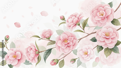 Delicate pastel camellias blooming gracefully with scattered petals
