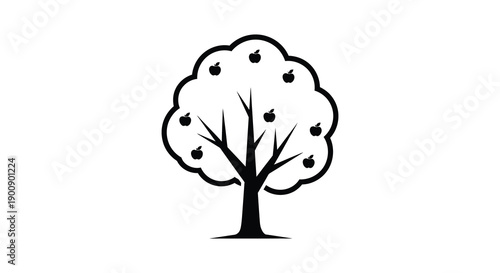 A simple black and white illustration depicts a tree with rounded foliage and several apples distributed throughout high quality professional