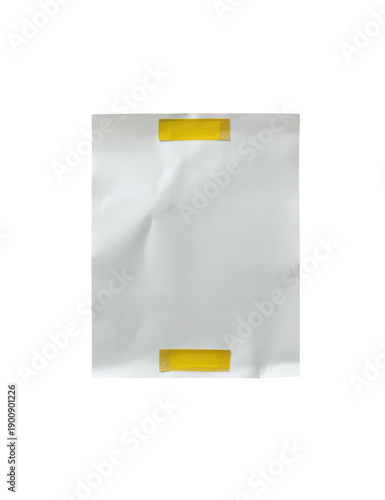 A slightly creased blank white sheet of paper, taped at top and bottom with yellow tape