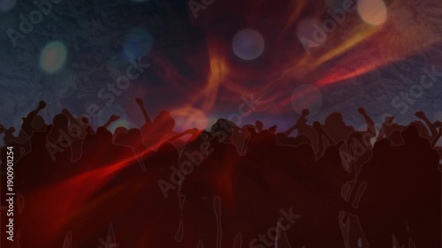 Faint red streaking starting left, flowing over dark crowd while arms raising, marking music peak