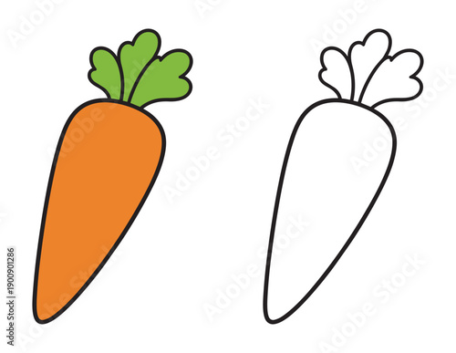 Orange Carrot Coloring Page for Kids. Simple Vegetable Illustration for Kids' Activity Books. Isolated Color and Black and White Outline