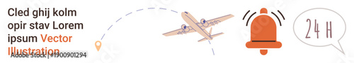 Travel, logistics, notification alert, 24-hour service, punctuality, aviation. Airplane flying with a notification bell and 24H speech bubble. Travel and logistics concept