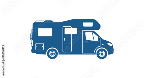 A stylized dark blue silhouette depicts a recreational vehicle likely a camper van against a white background
