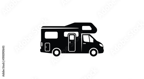 A minimalist black silhouette depicts a recreational vehicle commonly known as an rv or camper on a white background