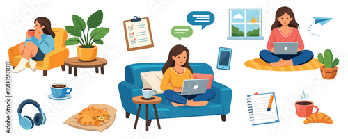 Cozy remote work set with freelancer woman working from home