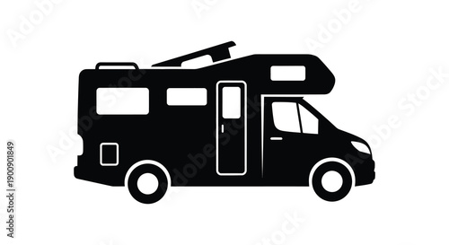 A minimalist black silhouette depicts a recreational vehicle commonly known as an rv or camper van high quality