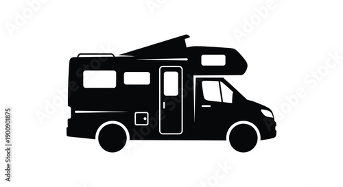 A minimalist black silhouette depicts a camper van showcasing its rectangular body windows and wheels high quality professional