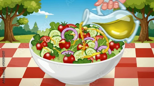 Fresh salad ingredients falling into white bowl outdoors picnic