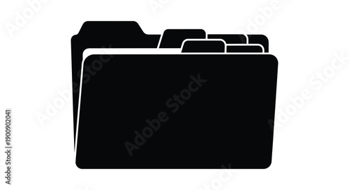 A simple black silhouette depicts an open file folder suggesting organization and document storage high quality professional detailed