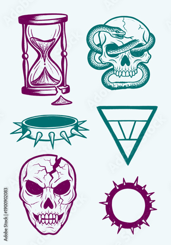 Grunge-style vector illustration set featuring an hourglass, a skull with a snake, a cracked skull, and spiked elements, showcasing edgy dark artwork