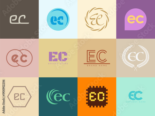 EC logo company template. Letter e and c logotype. Set different classic serif lettering and modern bold text with design elements. Initial font typography.