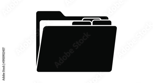 A minimalist black silhouette depicts an open file folder suggesting document organization and data storage high quality professional