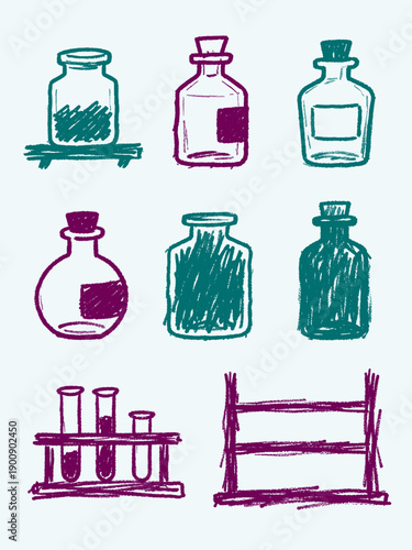 Collection of hand-drawn vector illustrations depicting various laboratory and apothecary glass bottles, jars, and test tubes with a crayon sketch texture