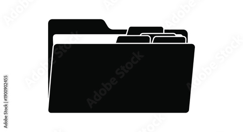 A simple black and white graphic illustration depicts an open file folder with several documents inside high quality