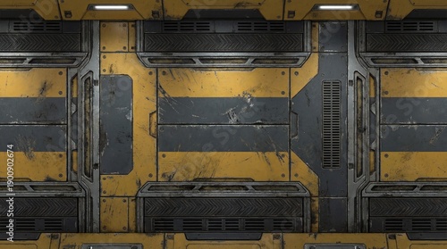 Detailed texture of a worn-out sci-fi industrial metal wall with yellow warning stripes, vents, and glowing lights. Perfect for game environments or backgrounds.
