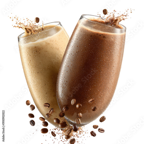 Two creamy coffee-flavored blended drinks splashing vibrantly, surrounded by scattered beans