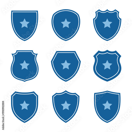 Blue Shield Icons with Star Emblem Set