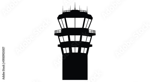 A stark silhouetted image depicts an air traffic control tower against a plain white background high quality professional