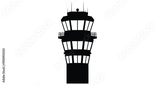 A stark black silhouette depicts an air traffic control tower against a plain white background symbolizing aviation