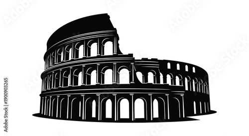 A striking black and white illustration depicts a partial view of the colosseum in rome italy high quality