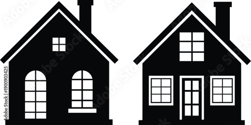 Two black silhouette houses with detailed windows and chimneys isolated on transparent background