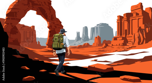 A lone explorer wearing a wide-brimmed hat and green backpack journeys deep into a vibrant red rock canyon, walking past a massive natural stone arch toward ancient ruins carved into the cliffs