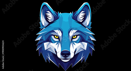 Blue Geometric Wolf Head Illustration on Black Background