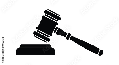 A stark black silhouette depicts a classic gavel resting upon a sound block symbolizing justice and legal proceedings