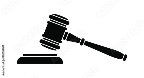 A stark black silhouette depicts a traditional gavel resting upon a sound block symbolizing justice and legal proceedings