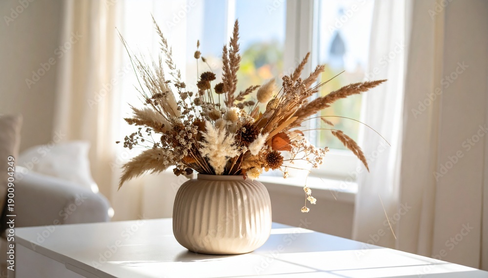 Fototapeta premium Elegant composition of dried flowers and natural pampas grass in a stylish vase, bathed in soft morning light, enhancing a cozy minimalist home interior