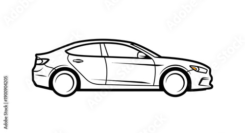 A clean, minimalist line drawing of a modern sedan car viewed from the side.