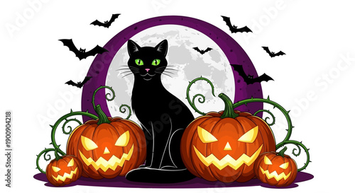 A spooky black cat sits among carved pumpkins with bats flying in the background under a full moon.