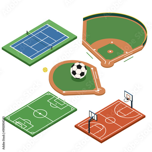 Isometric Sports Complex with Tennis Baseball and Football