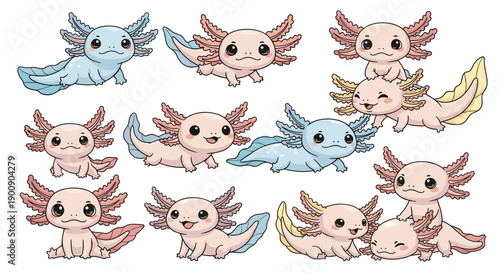 Adorable Axolotl Salamander Cartoon Family Illustration