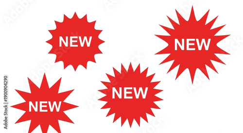 Four bright red starburst stickers with the word "NEW" in white text, indicating new products or announcements.