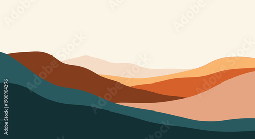 Abstract minimalist landscape with rolling hills in warm earth tones and teal.