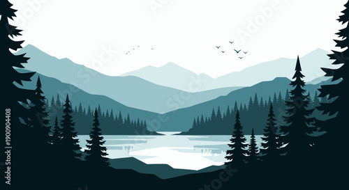 Serene mountain landscape with a calm lake reflecting the sky and surrounded by dense pine forests.