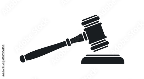 A stark black and white illustration depicts a traditional gavel and sounding block symbolizing justice and legal proceedings high quality