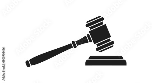 A simple black and white illustration depicts a gavel resting on a sound block symbolizing justice and legal proceedings