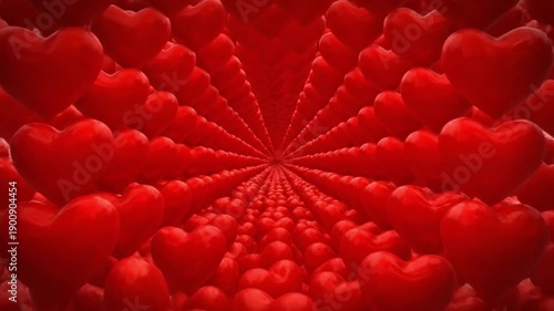 A stunning video of numerous red hearts radiating outward in a beautiful pattern