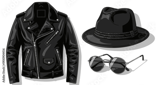 A black leather motorcycle jacket, a black fedora hat, and round sunglasses are displayed against a white background.